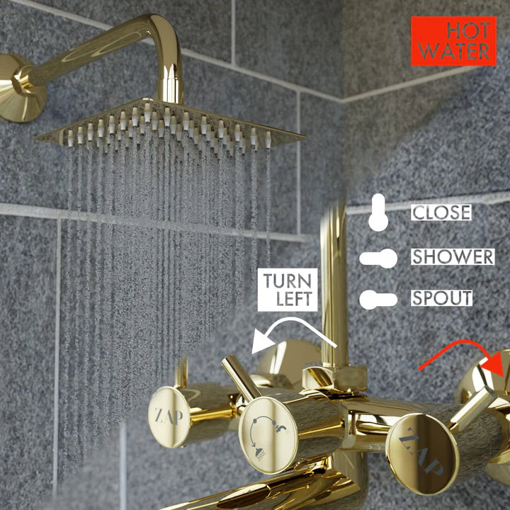 Elixir Gold Series High Grade Brass 2 in 1 Wall Mixer With L Bend / Overhead Shower / Hand Shower Set