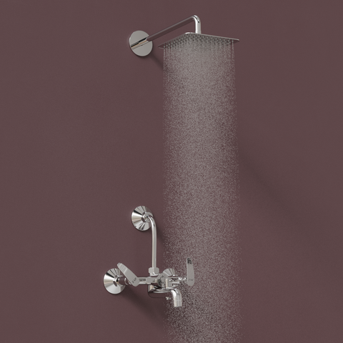 Arrow Series High Grade 100% Brass 3 in 1 Wall Mixer with Overhead Shower System Set and 125mm Long Bend Pipe for Bathroom (Chrome Finish)