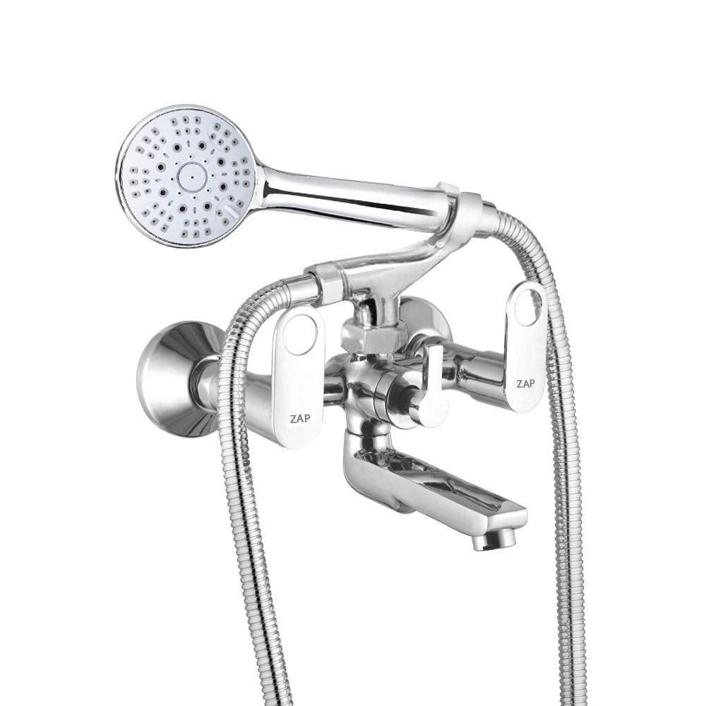 Geo High Grade Brass 2 in 1 Wall Mixer with Crutch & Multi Flow Hand Shower with 1.5 Meter Flexible Tube (Chrome)